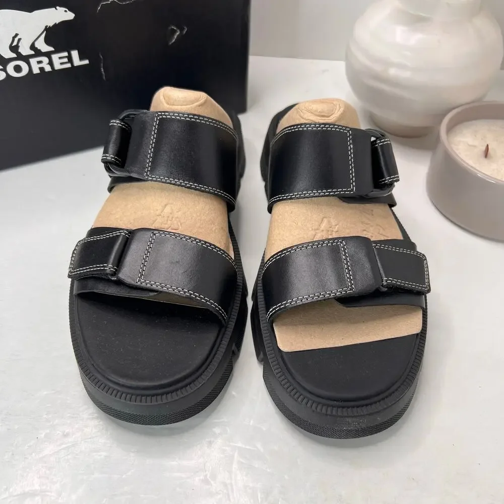 Sorel Rein CB Slide Leather Platform Sandal Black Women's 11 Tried On - Picture 5 of 11